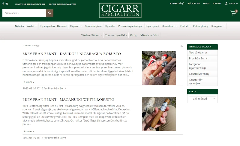 Skärmdump av Cigarrspecialistens blogg