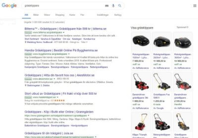 Skärmdump av Google shopping annonser